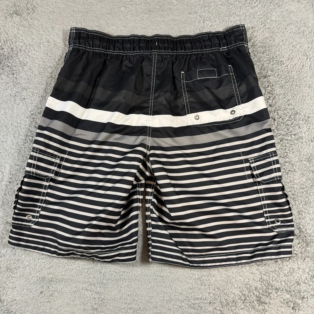 Merona Mens Striped Board Shorts Size L Black Grey White Cargo Swim Trunks